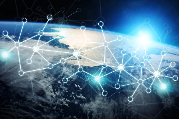 Connections system and datas exchanges on planet Earth 3D rendering