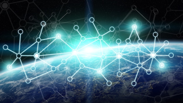 Connections system and datas exchanges on planet Earth 3D rendering