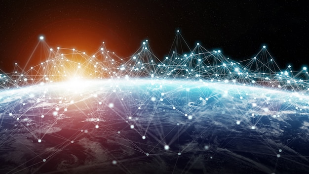 Connections system and datas exchanges on planet Earth 3D rendering