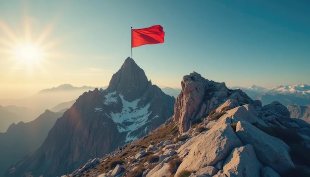 Photo conquering challenges and achieving goals with a winning strategy on the mountain peak flag