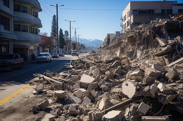 Consequences of seismic activity are visible revealing collapsed buildings cracked