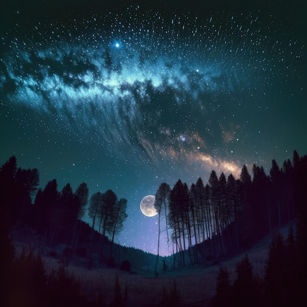 Constellation stars and milky way and full moon on night sky created using generative ai technology