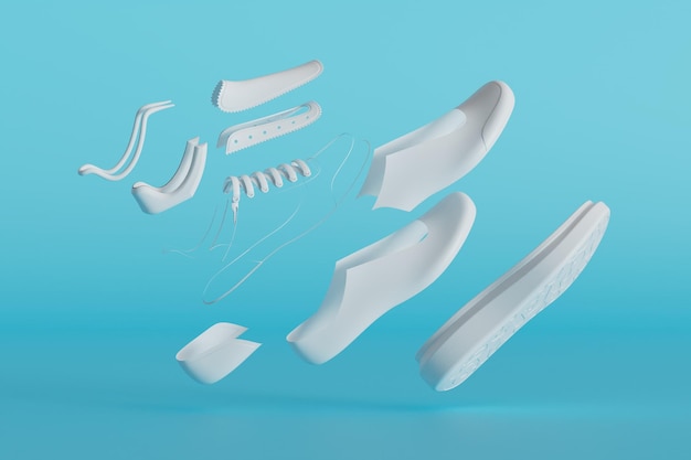 The constituent parts of sneakers white sneakers flying apart on a blue background 3D render