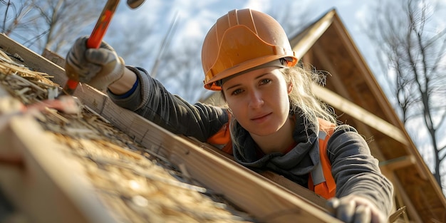 Photo constructing a house roof a worker using a hammer and hard hat concept construction house roofing worker hammer safety gear