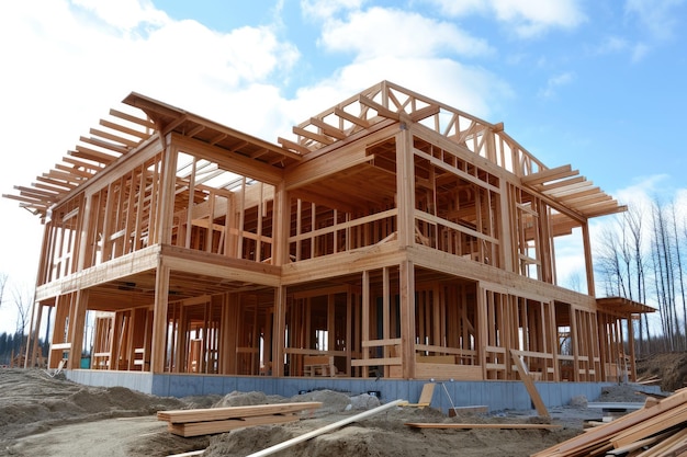 Constructing a Timber Frame House Builders Installing Wooden Structures and Cladding