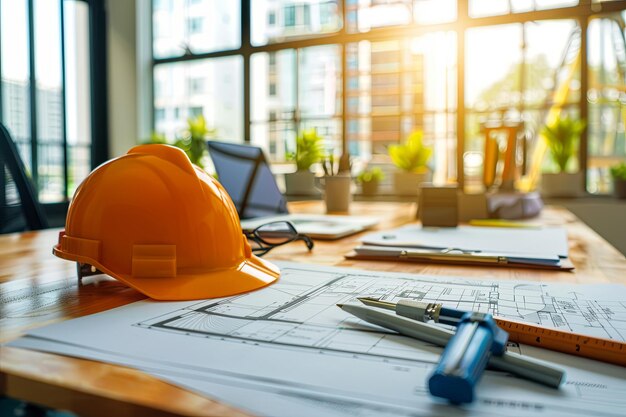 A Construction Blueprint on a Desk architectural bureaus construction engineers and design companies The background showcases drafting tools and sheets featuring construction plans on a desk