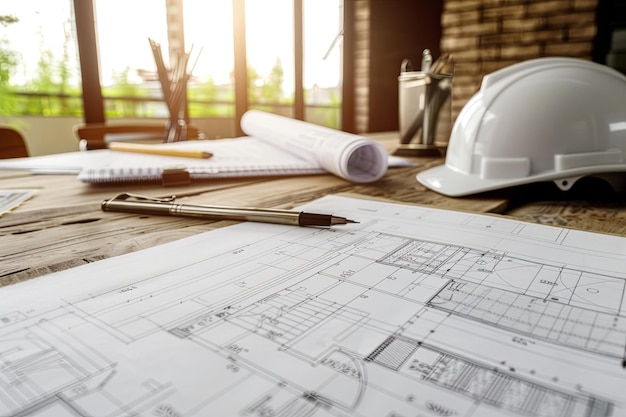 A Construction Blueprint on a Desk architectural bureaus construction engineers and design companies The background showcases drafting tools and sheets featuring construction plans on a desk