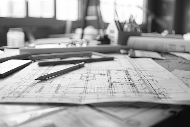 A Construction Blueprint on a Desk architectural bureaus construction engineers and design companies The background showcases drafting tools and sheets featuring construction plans on a desk