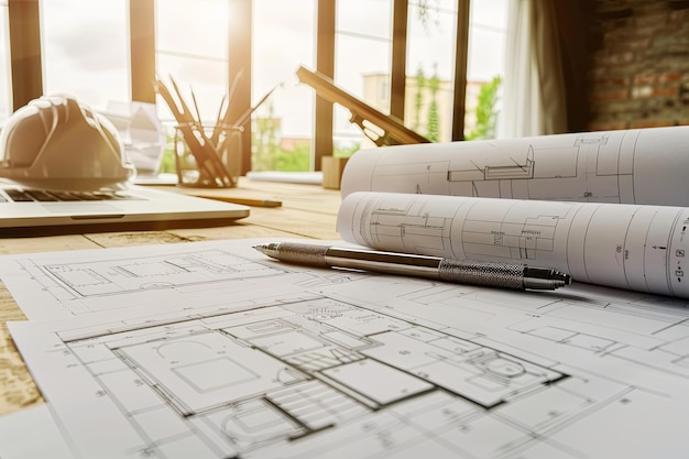 Construction Blueprint on Desk Suitable for architectural bureaus construction engineers and design companies The background can depict drafting tools and sheets with construction plans on a desk