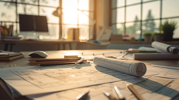 Construction Blueprint on Desk Suitable for architectural bureaus construction engineers and design companies The background can depict drafting tools and sheets with construction plans on a desk