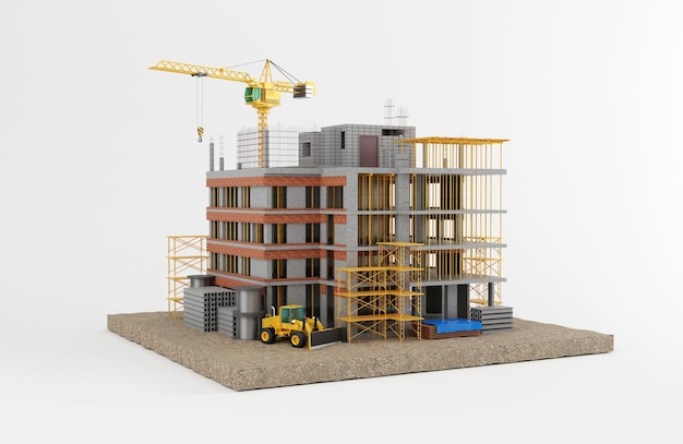 Construction of building with crane and grader3D rendering