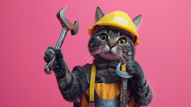 A construction cat worker equipped with various tools