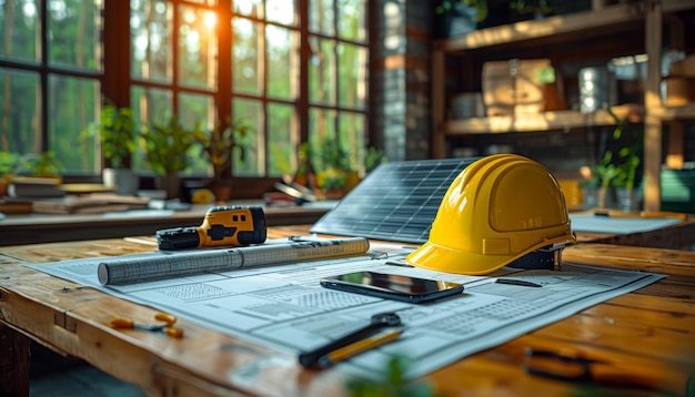 Construction concept Yellow safety helmet and work tools on the wooden table with blueprint and tablet