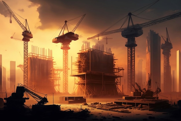 Construction cranes and houses at sunset Generative AI