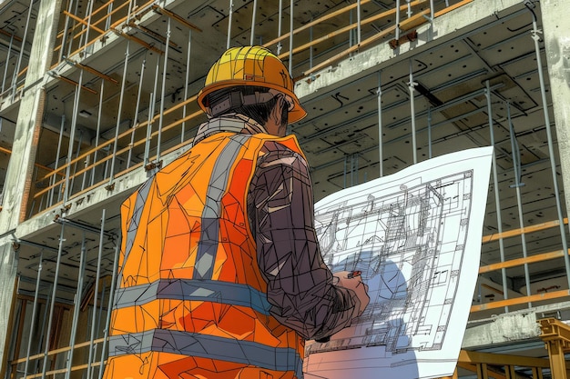 construction Engineer builder wearing safety vest with blueprint at construction site