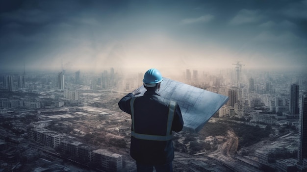 Construction engineer holding plan in double exposure above blue city and construction site