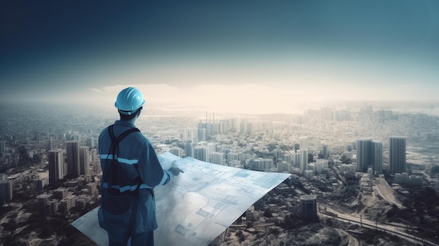 Construction engineer holding plan in double exposure above blue city and construction site