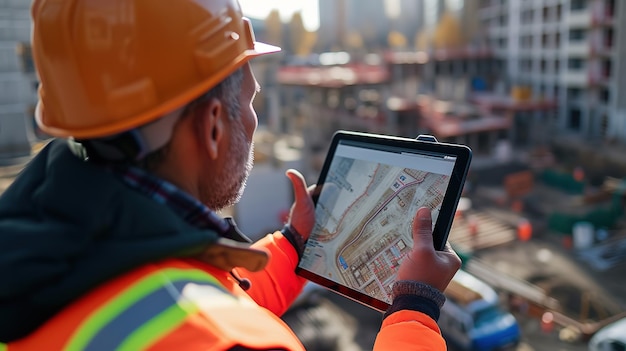 Photo a construction engineer in a safety helmet and reflective vest examines building plans on a digital