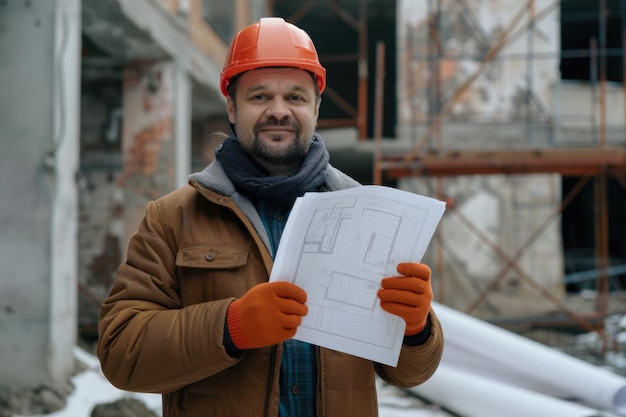 Construction engineer showcasing smartphone with blueprints