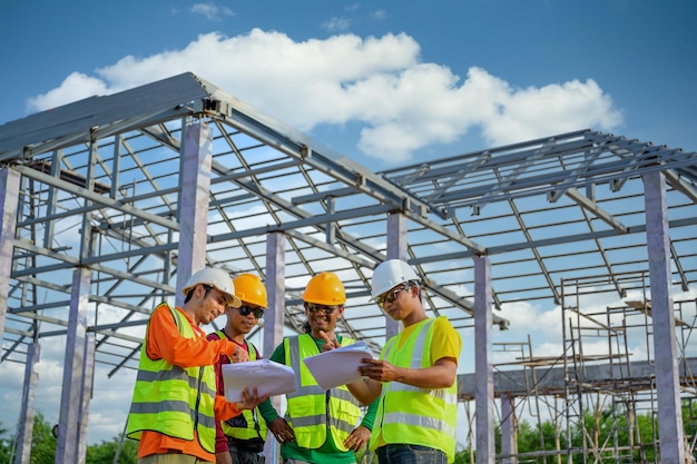 Construction engineer team standing at a house construction site Talking with construction managers and workers to check the quality and design plan of the steel roof truss construction