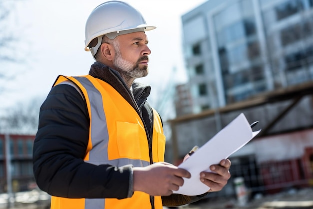 construction engineer wearing protective helmets and vests discussing project details at constructio