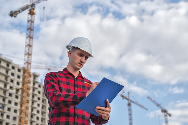 Construction engineer wearing a white helmet