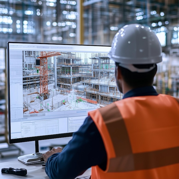 Photo construction engineer working on building project using cad software on a computer