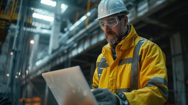 Construction engineer in a yellow jacket and hard hat using a laptop inspecting and managing tasks in an industrial setting