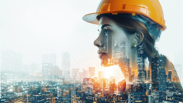 Construction and engineering concept with woman engineer wearing hardhat in double exposure with construction site