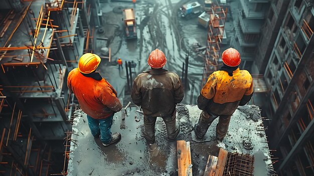 Construction engineers in safety gear planning at construction site