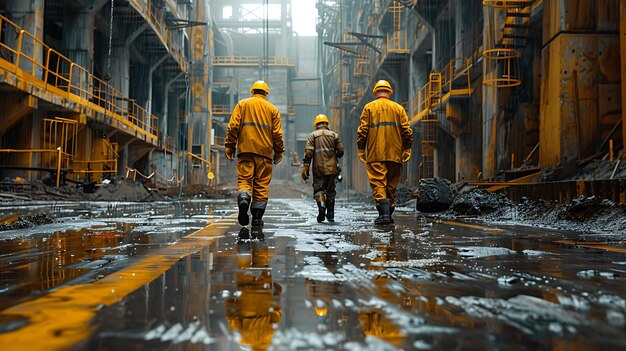 Construction engineers in safety gear planning at construction site