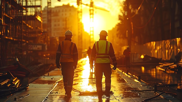 Construction engineers in safety gear planning at construction site