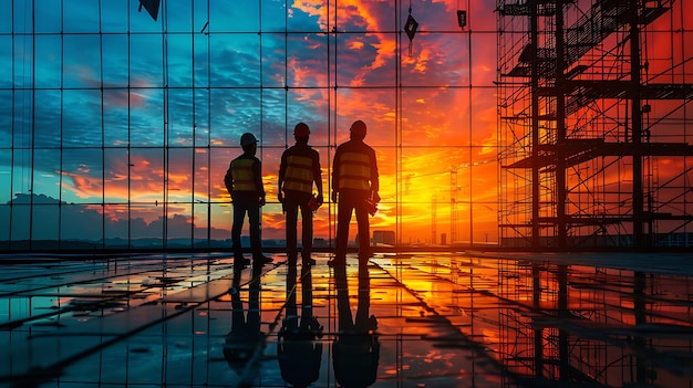 Construction engineers in safety gear planning at construction site