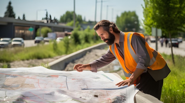 Photo a construction foreman reviewing a stormwater drainage plan at a road site