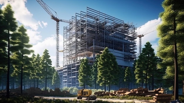 Construction forests against the background of the building under construction