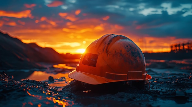 Construction Hard Hat at Sunset in Muddy Terrain