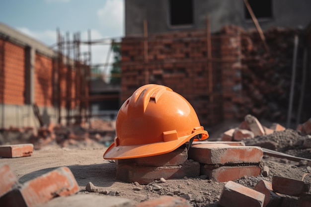 A construction hard yellow hat placed on a stack of brick wall