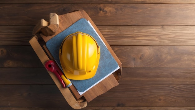 Photo a construction hardhat and yellow tool on a wooden surface