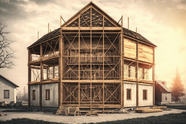 Construction of house wooden scaffolding near building created with generative ai