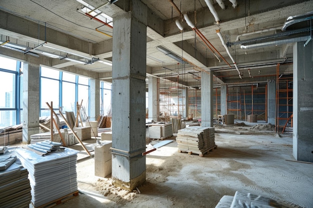 Photo under construction interior of business center with concrete columns and wet floors