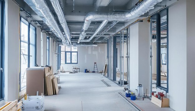 Photo construction interior with exposed pipes and windows photo