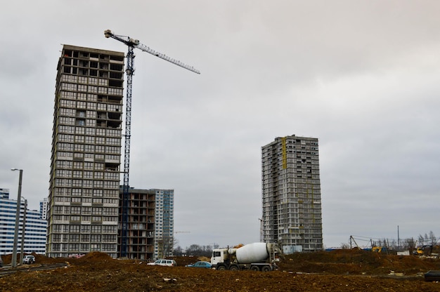 Construction of large modern monolithic frame houses buildings using industrial construction