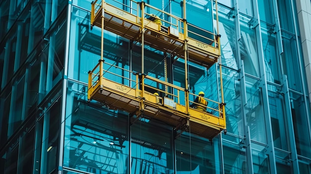 Construction Lifts on Building Facade Ideal for companies specializing in building restoration and renovation The background can depict construction lifts ascending along the facade of a building