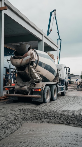 Photo construction machinery a cement mixer truck is delivering liquid concrete to the construction site