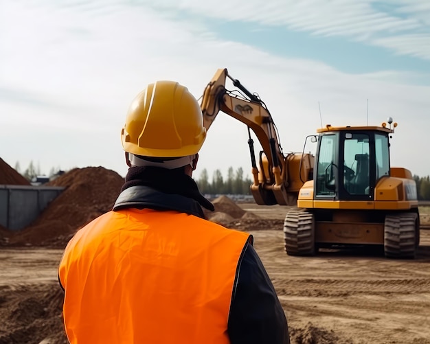 Construction man in helmet with excavator Engineering worker in safety helmet