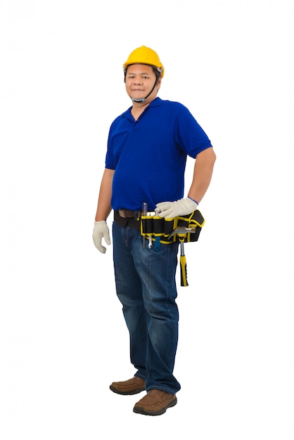 Construction man workers in blue shirt with Protective gloves, helmet with tool belt isolated on white