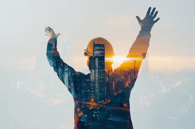 Construction Manager Celebrating Victory at Sunrise Amidst Urban Skyline