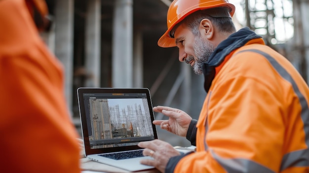 Photo construction manager and foreman discussing project progress on laptop for efficient site management