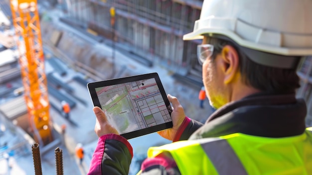 Photo a construction manager using a tablet to monitor progress and communicate with workers integrating technology into the site