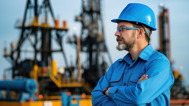 A construction manager wearing safety gear stands confidently with crossed arms evaluating the drilling equipment while overseeing operations at a busy oil site